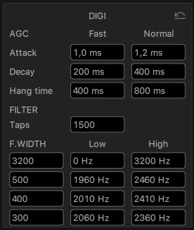 ExpertSDR RX section, DIGI filter settings: 3200, 500, 400, 300