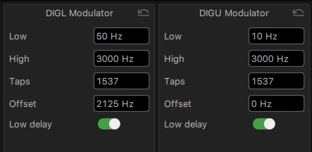 ExpertSDR TX section: DIGL Modulator offset 2125 Hz, DIGU Modulator offset 0 Hz